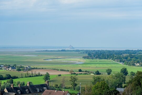 Avranches France - 13 September 2023 - View of the famous church of Le Mont Saint-Michel in the distance in Normandy France