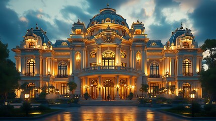 Stunning luxury mansion evening front view high resolution picture