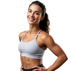 Confident fitness woman smiling isolated on a transparent background wearing sportswear