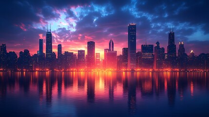 Fototapeta premium Stunning Sunset Over City Skyline Reflection Scene high resolution image