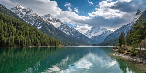 Scenic Mountain Lake with Snow-Capped Peaks and Forest Reflections under a Cloudy Blue Sky