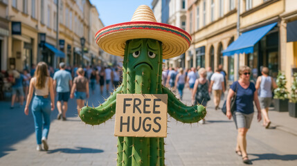 Sad cactus with sombrero offers free hugs in bustling street scene