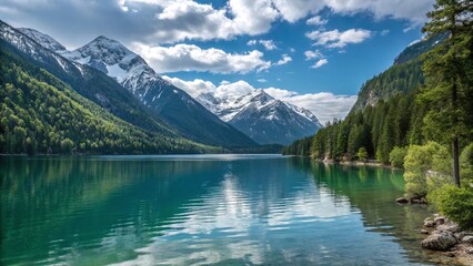 Scenic Mountain Lake with Snow-Capped Peaks and Forest Reflections under a Cloudy Blue Sky