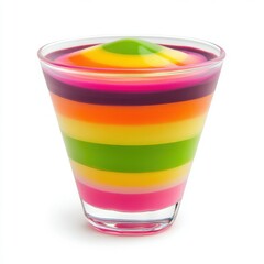 A vibrant layered gelatin dessert with alternating stripes of bright colors and smooth finishes, 