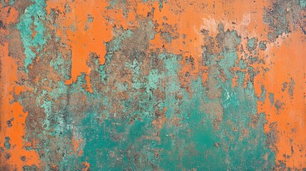 Grunge texture background in dusty orange accented by emerald highlights showcasing tarnished surfaces