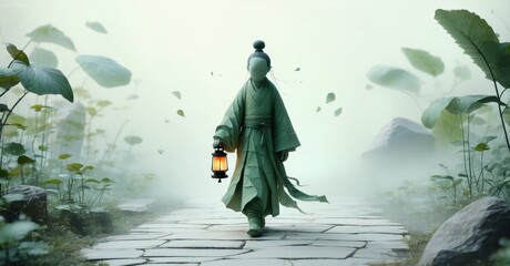 Figure walks stone path, lantern illuminating misty garden. Serene scene evokes tranquility, mystery. Lush foliage surrounds walkway.