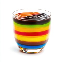 A vibrant layered gelatin dessert with alternating stripes of bright colors and smooth finishes, 