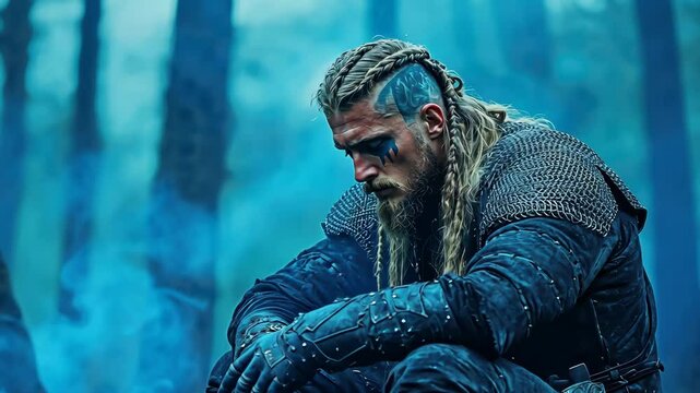 Ancient Warrior Meditating: A rugged warrior with intricate braids and tattoos is absorbed in deep contemplation in a misty forest scene. This captivating portrait exudes strength and introspection.