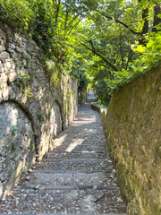 Bergamo, Italy. The ancient stone stairs that lead from the lower city (new city) to the old one