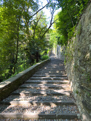 Bergamo, Italy. The ancient stone stairs that lead from the lower city (new city) to the old one