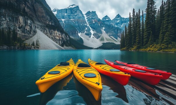 Colorful kayaks on serene lake surrounded by majestic mountains and pine trees