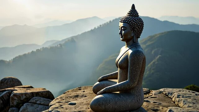 Serene Buddha statue meditating against misty mountain backdrop  