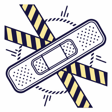 Fentanyl patch icon overlaid with warning stripes and digital glitch