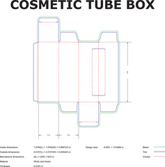 Detailed die cut template for a cosmetic tube box with dimensioned design outlines and professional manufacturing specifications