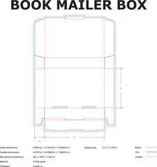 Detailed diagram of a book mailer box featuring dimensions bleed trim and crease lines for packaging design