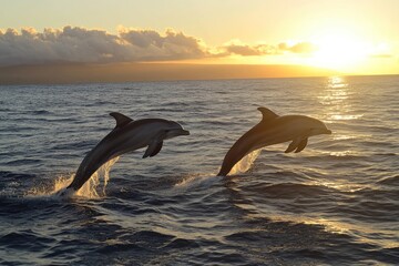 Fototapeta premium Dolphins leap at sunset (1)