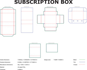 Detailed vector outlines and specifications of several different subscription box designs with associated dimensions.
