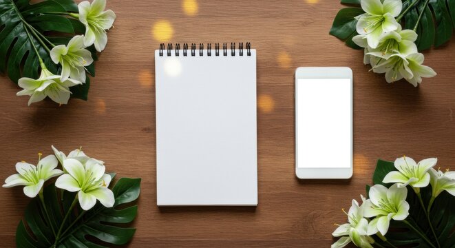 Notepad with Phone and Flower Decoration