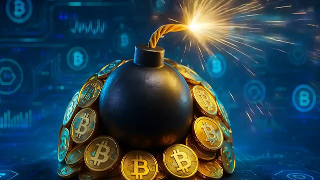 Explosive Bomb Surrounded by Bitcoin Coins with Lit Fuse Representing Cryptocurrency Crisis, Digital Risk and Market Collapse

