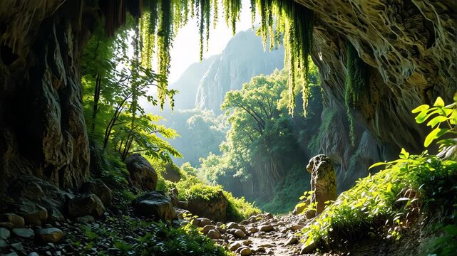 Lush cave entrance revealing a serene forest landscape  