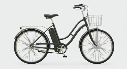 Modern Electric Bicycle with Basket and Sleek Dark Green Frame