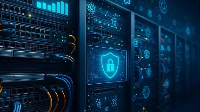 Secured Server Room with Glowing Data Cables and Lock Icon Representing Cybersecurity, Hosting Infrastructure and Data Protection

