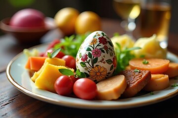 A Seder plate with a decorated Easter egg nestled amongst the symbolic foods , holiday, christian tradition