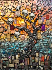 Obraz premium Mosaic tree of skulls and tags. Sunset backdrop