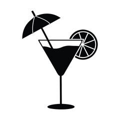 Cocktail silhouette vector illustration with umbrella and lemon.