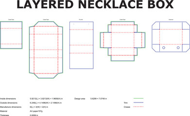 Technical drawing of a layered necklace box with detailed dimensions and manufacturing information for packaging designs