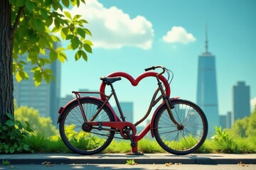 Obraz premium A rusty red bicycle locked in a heart-shaped bike rack on a sunny day, with a blurred cityscape backdrop