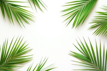 Obraz premium Fresh palm leaves frame a white background