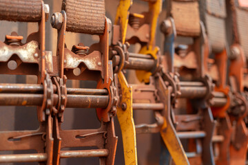Cargo strap belt and handle part, the equipment that using for securing the heavy object on the trailer or truck transportation. Close-up and selective focus at the equipment part.