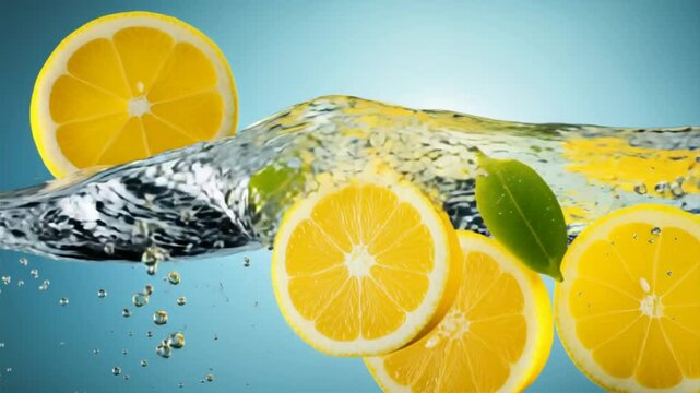 Fresh slices of lemon splash into water, creating a refreshing and vibrant scene perfect for summer drinks.