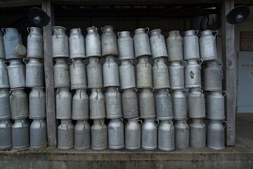 Old milk churns stacked up high