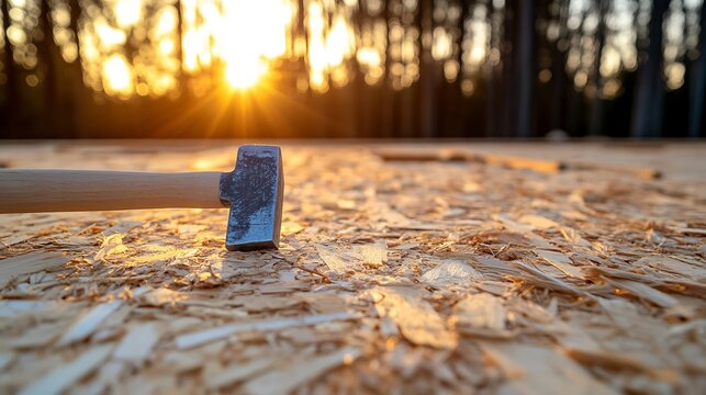 High-detail close up of sheathing attachment with hammer and nails on subfloor construction noise blur in background golden hour