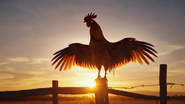 Rooster silhouette at sunset majestic bird against a glowing sky