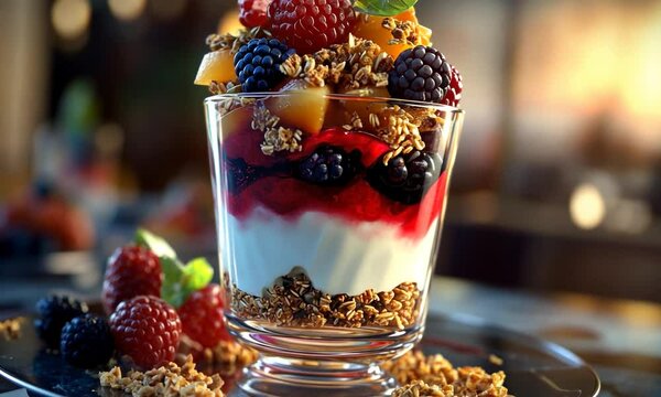 A vibrant dessert parfait featuring layers of yogurt, mixed berries, and granola, set against a softly blurred background of a cozy dining atmosphere