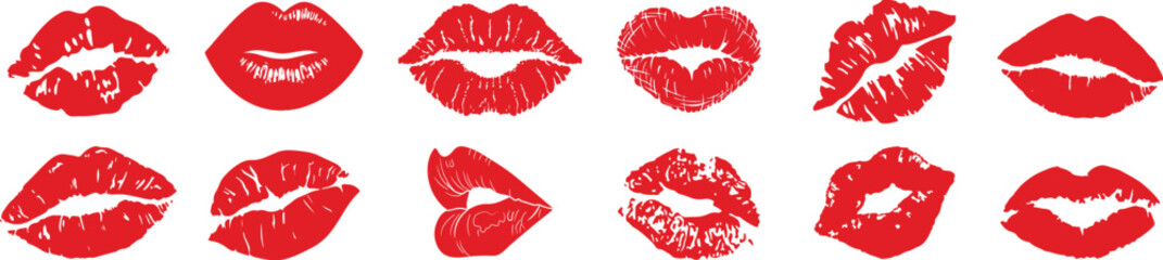 Vector illustration of kissing marks, kiss with Red lipstick.