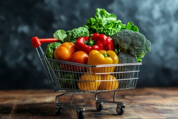 Colorful vegetables in a miniature shopping cart.