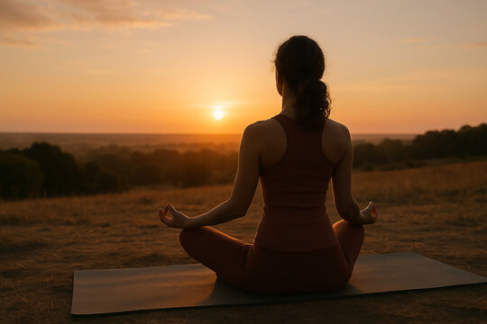 woman meditating sunrise yoga mat