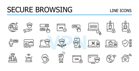 Secure browsings, VPN services. Vector icons set