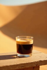 Aromatic Coffee in a Glass on Wooden Surface Against a Sandy Dune Background