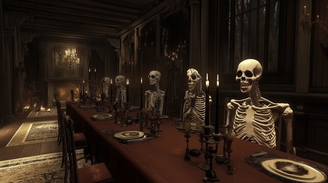 Skeletons sit at a long dining table set with plates and candles in a dark, gothic dining room. Halloween themed image with spooky and horror elements, creating a creepy atmosphere.