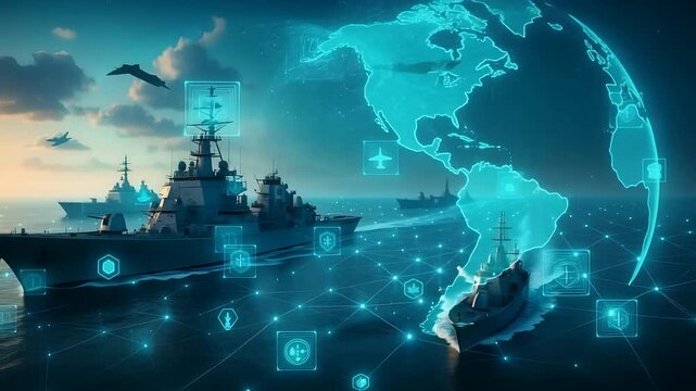 Global Warships and Military Drones with Holographic Earth and Icons Representing Naval Defense, Surveillance and Strategy

