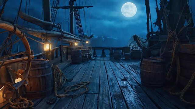 Sailing ship deck at night with moonlight nautical theme travel concept