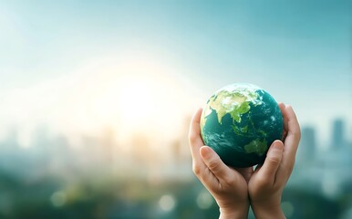 Protecting Our Planet Hands holding a miniature Earth against a city skyline symbolizing environmental responsibility and global sustainability