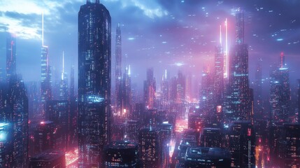Fototapeta premium Cityscape view features a futuristic urban skyline with illuminated skyscrapers and towers under a cloudy sky, showcasing modern architecture and a vibrant atmosphere.