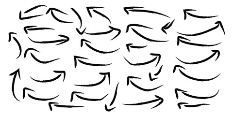 Set of brush strokes, arrows. doodles sketch scribble hand drawn handmade pencil pen marker set. Bold brush strokes with scratches, Big set black scribble arrows icons.