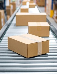 Cardboard Boxes, Parcels, Mail and Packages are Transported on an Automatic Conveyor line